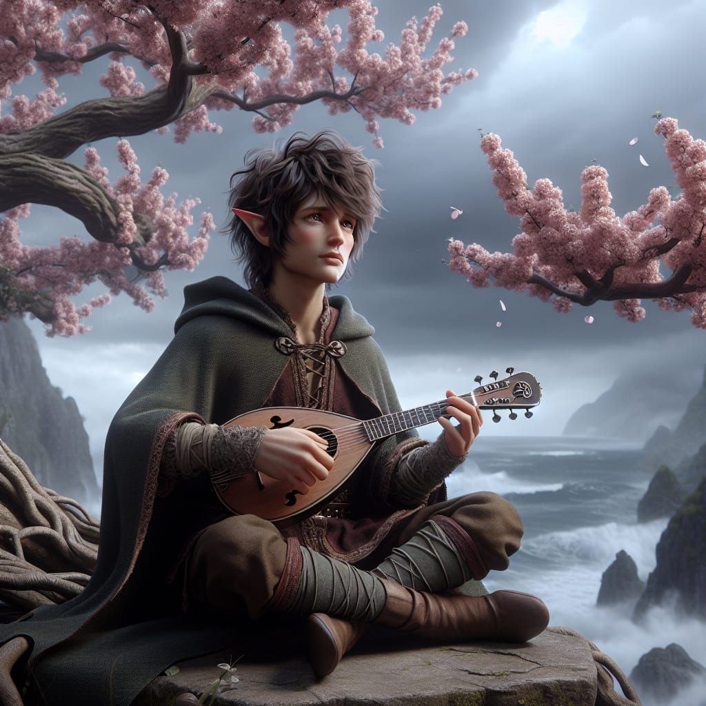 Elf Boy Plays Mandolin Under Cherry Blossom Tree
