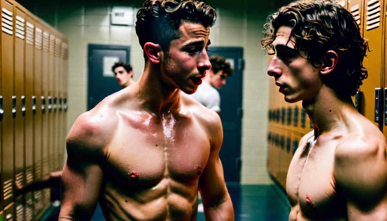 Nick Jonas and Timothée Chalamet in underwear, in a locker r...