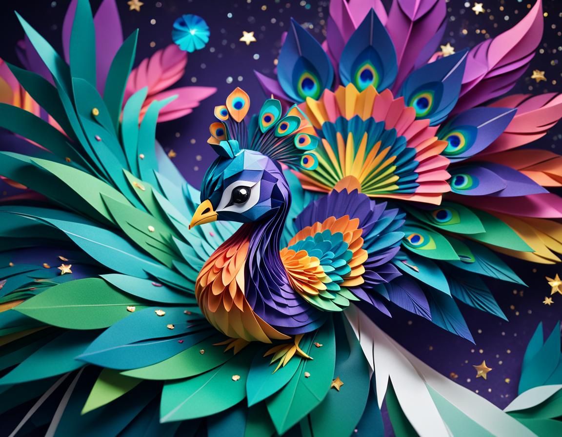 Kawaii Cosmic Peacock Origami Paper Art