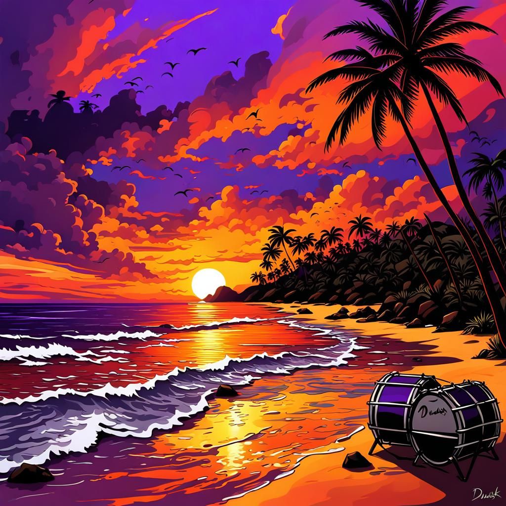 Caribbean Sunset Beach with Dancing Silhouettes, Hyperrealis...