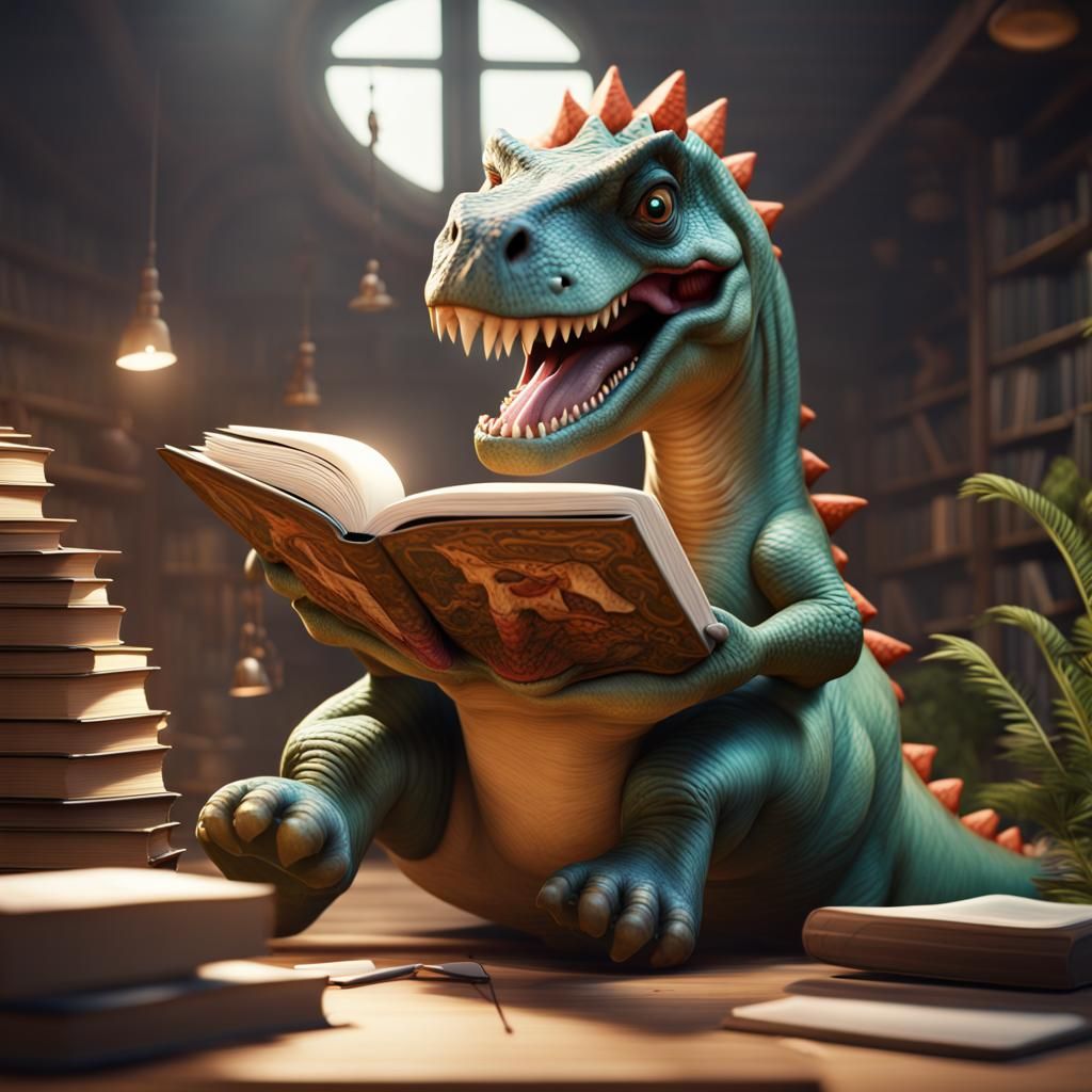 Humorous Dinosaur Reads Upside Down: Detailed Matte Painting