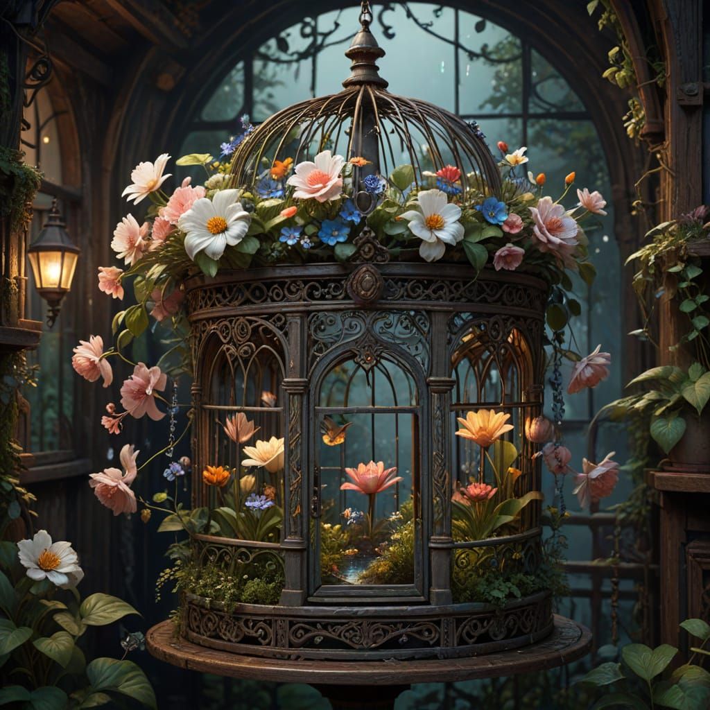 Surreal Garden Inside Vintage Birdcage