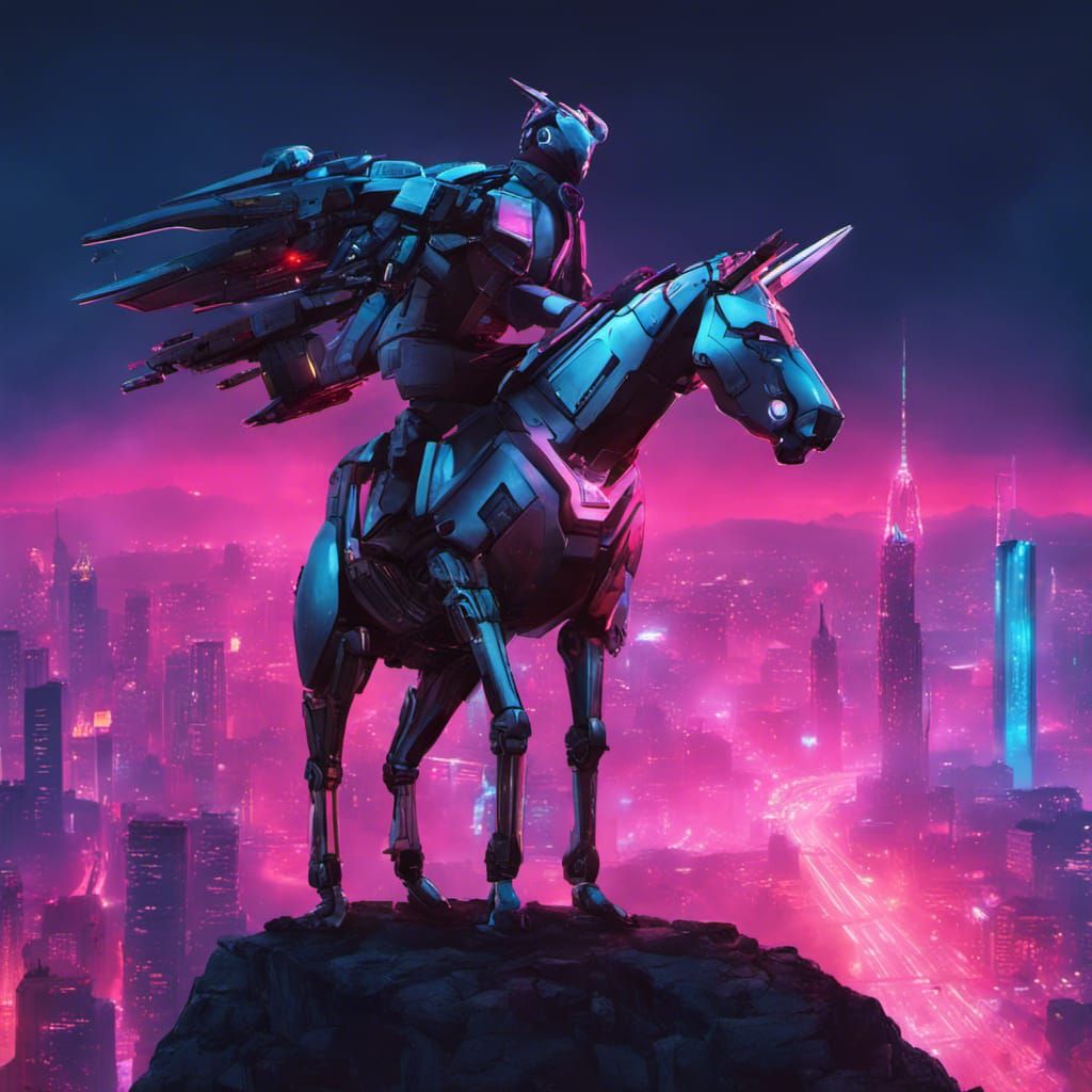 Robotic Unicorn King Overlooking Cyberpunk City