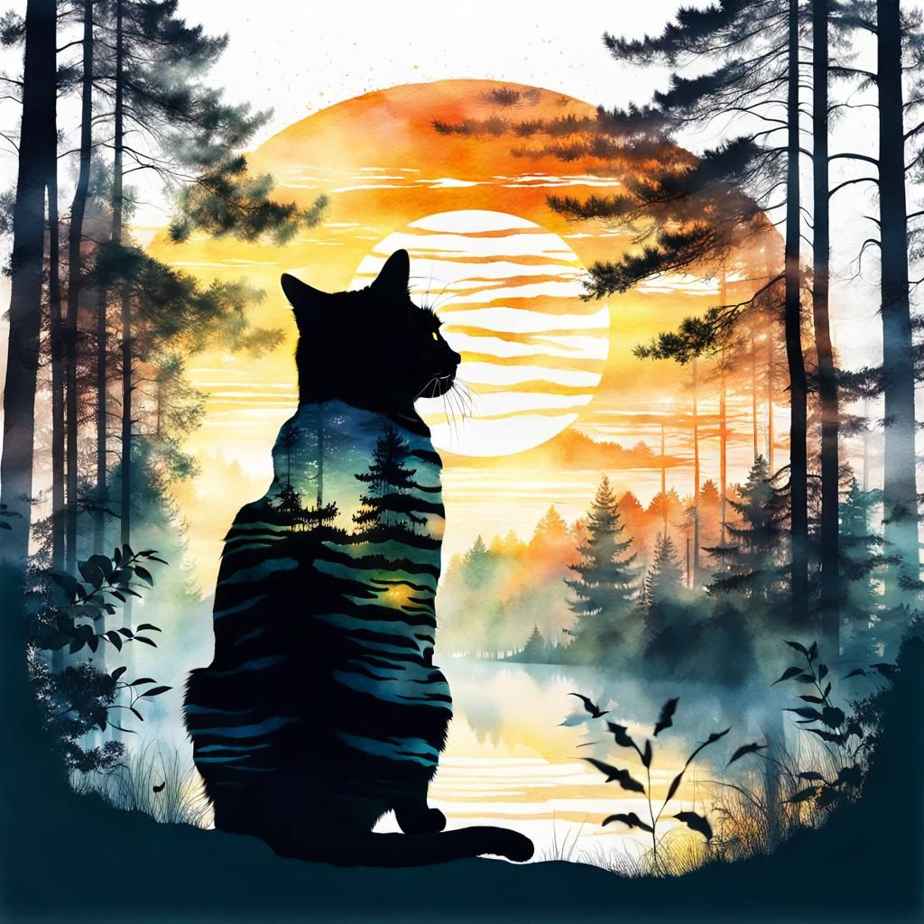 Watercolor Cat Silhouette with Tiger Double Exposure