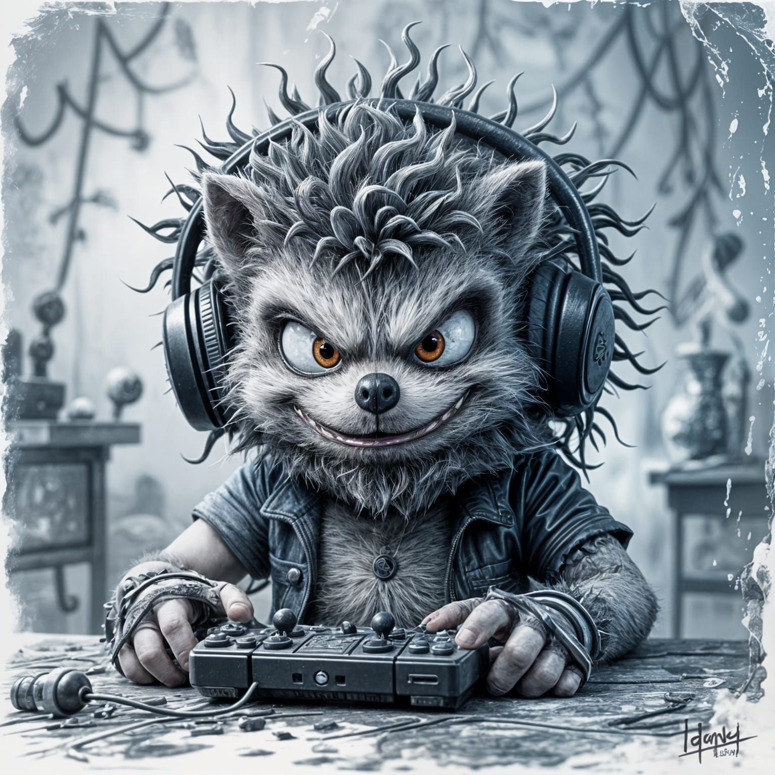 Sinister Gamer Hedgehog in Tim Burton Horror Style