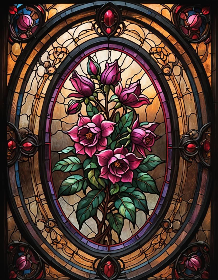 Gothic Stained Glass Rose-Fuchsia Flower Art