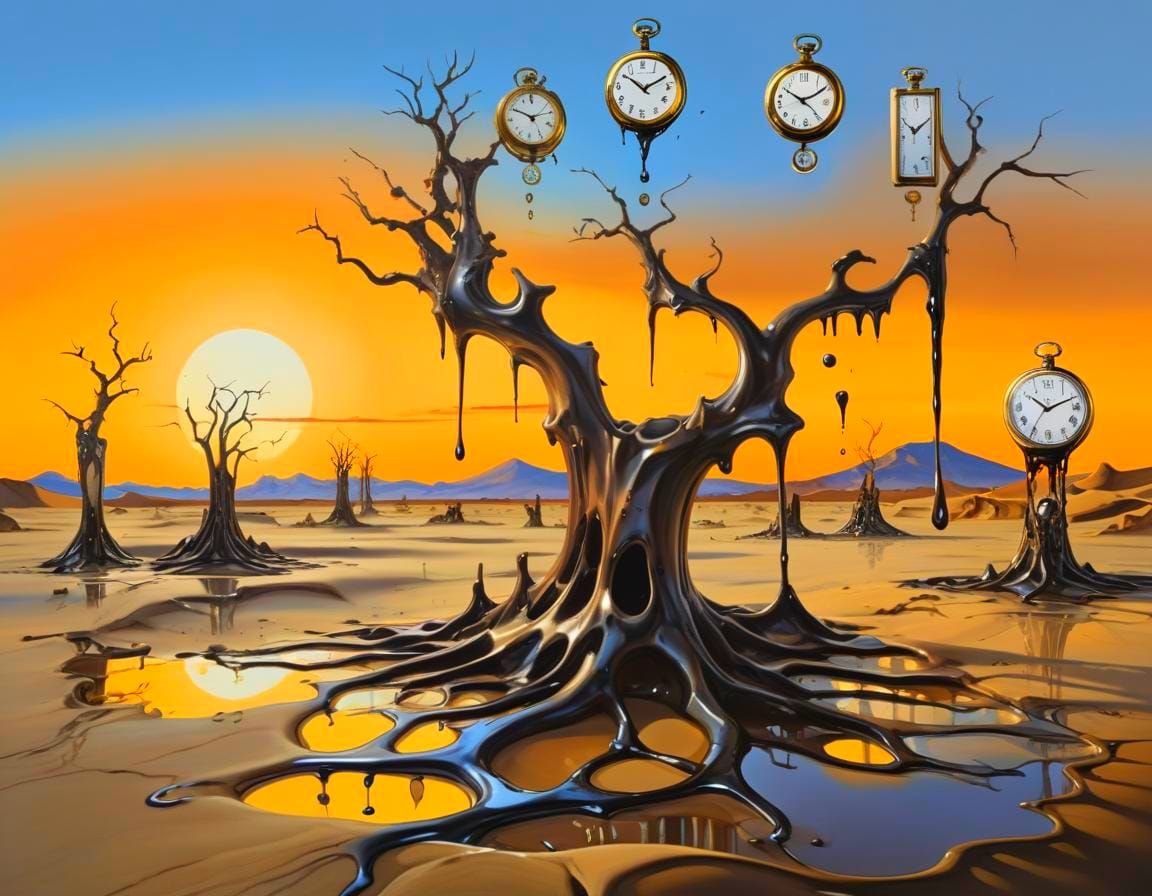 Surreal Desert Landscape with Melting Clocks