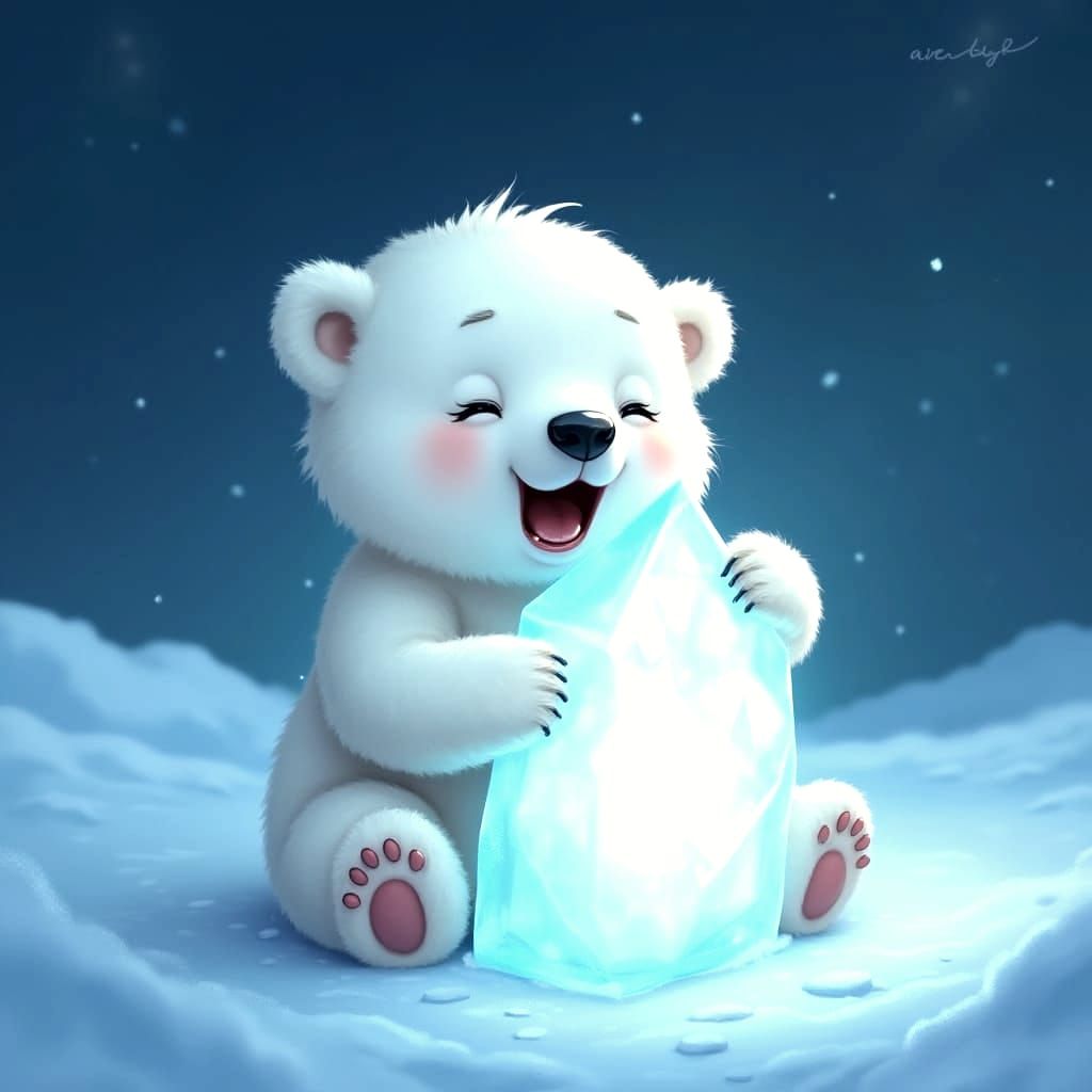Sleepy Polar Bear Hugs Glowing Ice Crystal in Winter Wonderl...