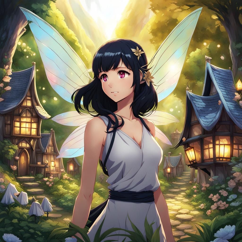 Anime-Style Fairy Strolls Through Enchanted Village