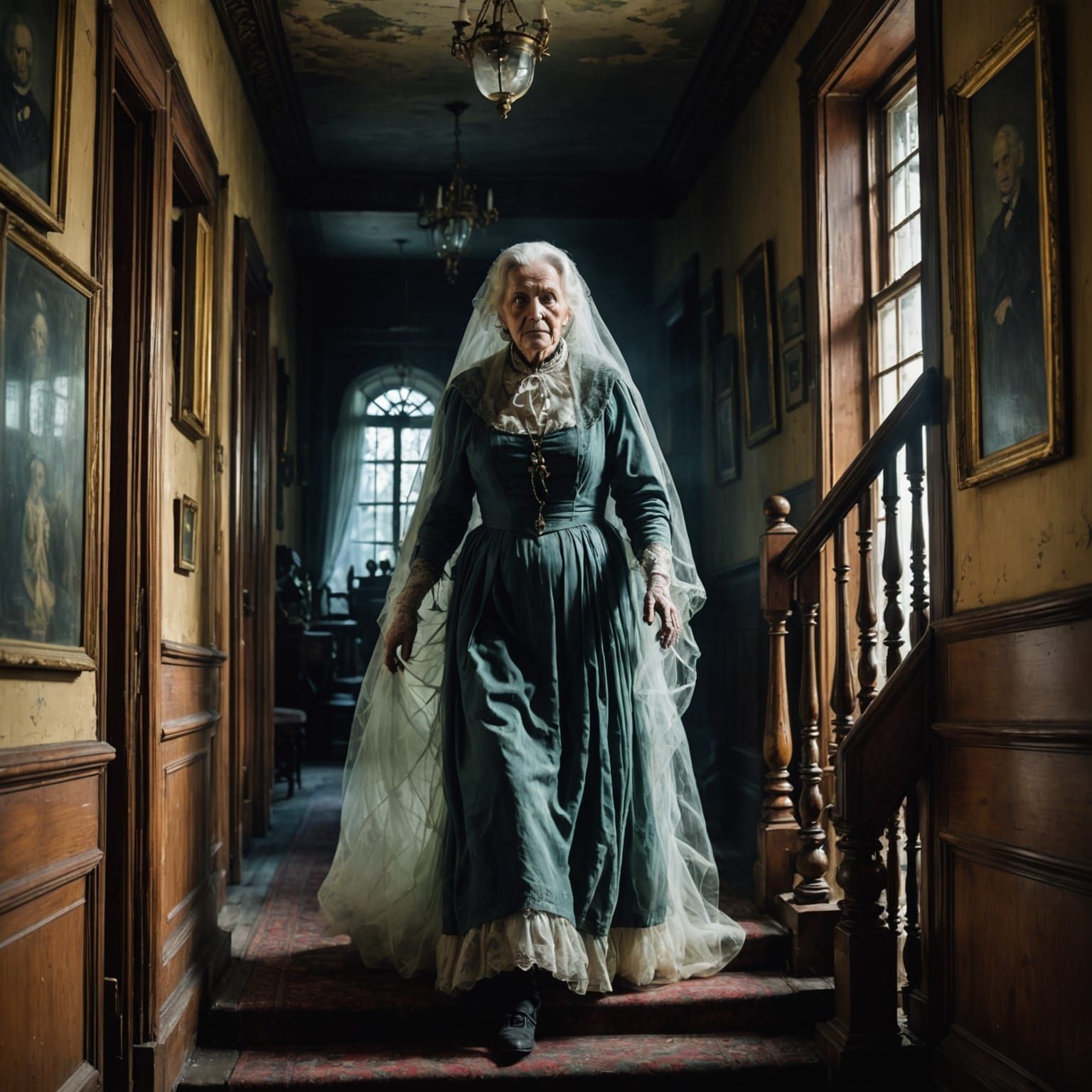 Ethereal Victorian Ghost Drifts Down Stairs in Soft, Complem...