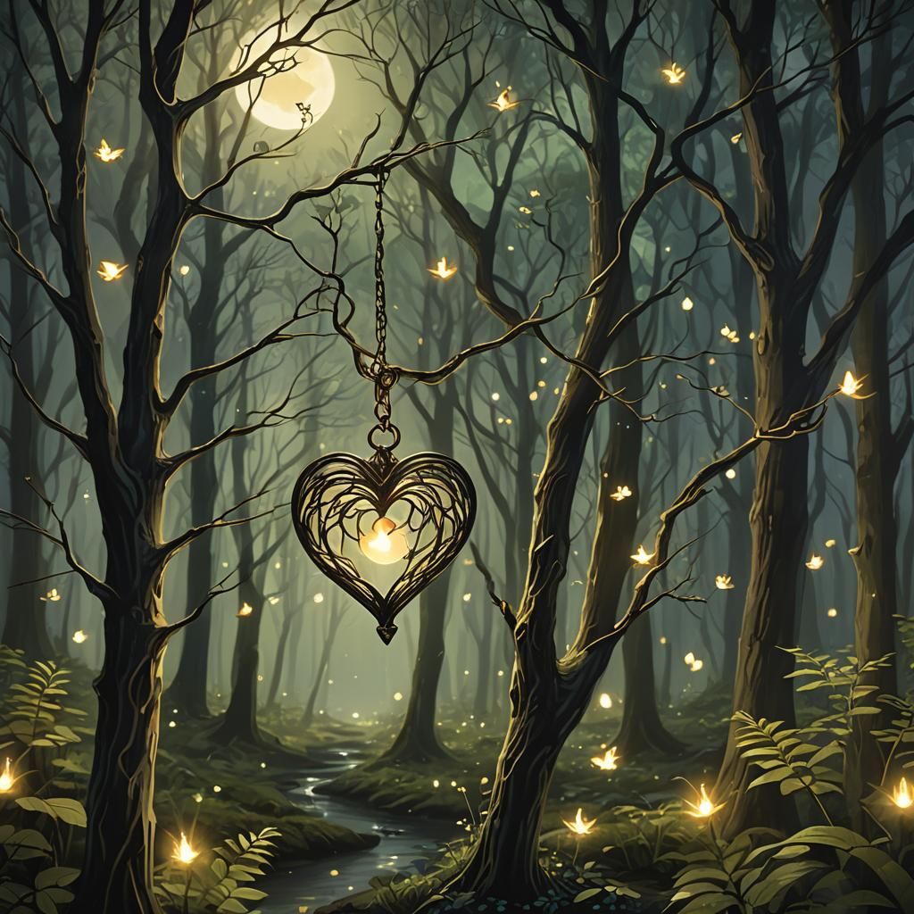 Heart Jewel Radiance in Forest at Midnight