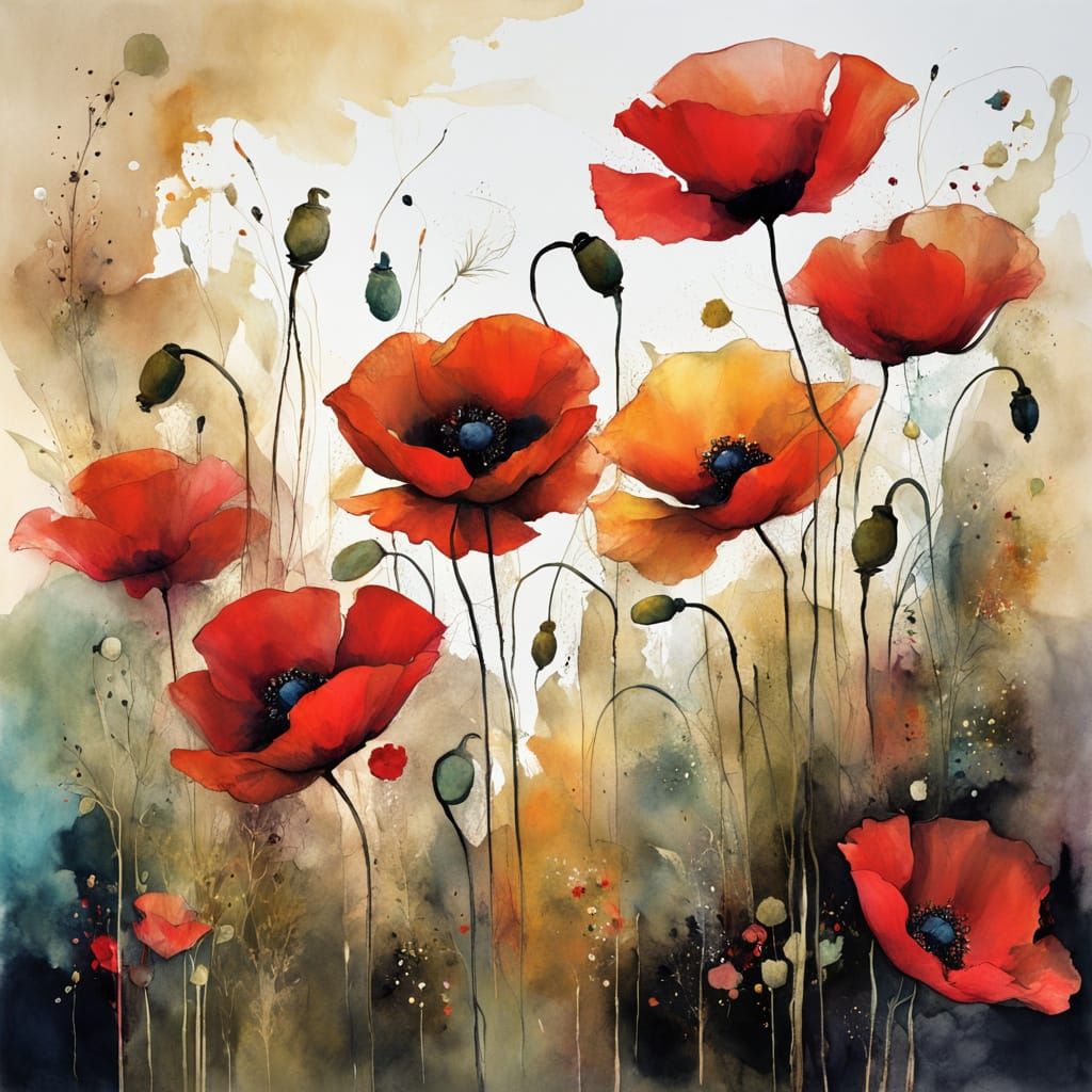 Magical Red Poppies in Alcohol Ink with Arabesque