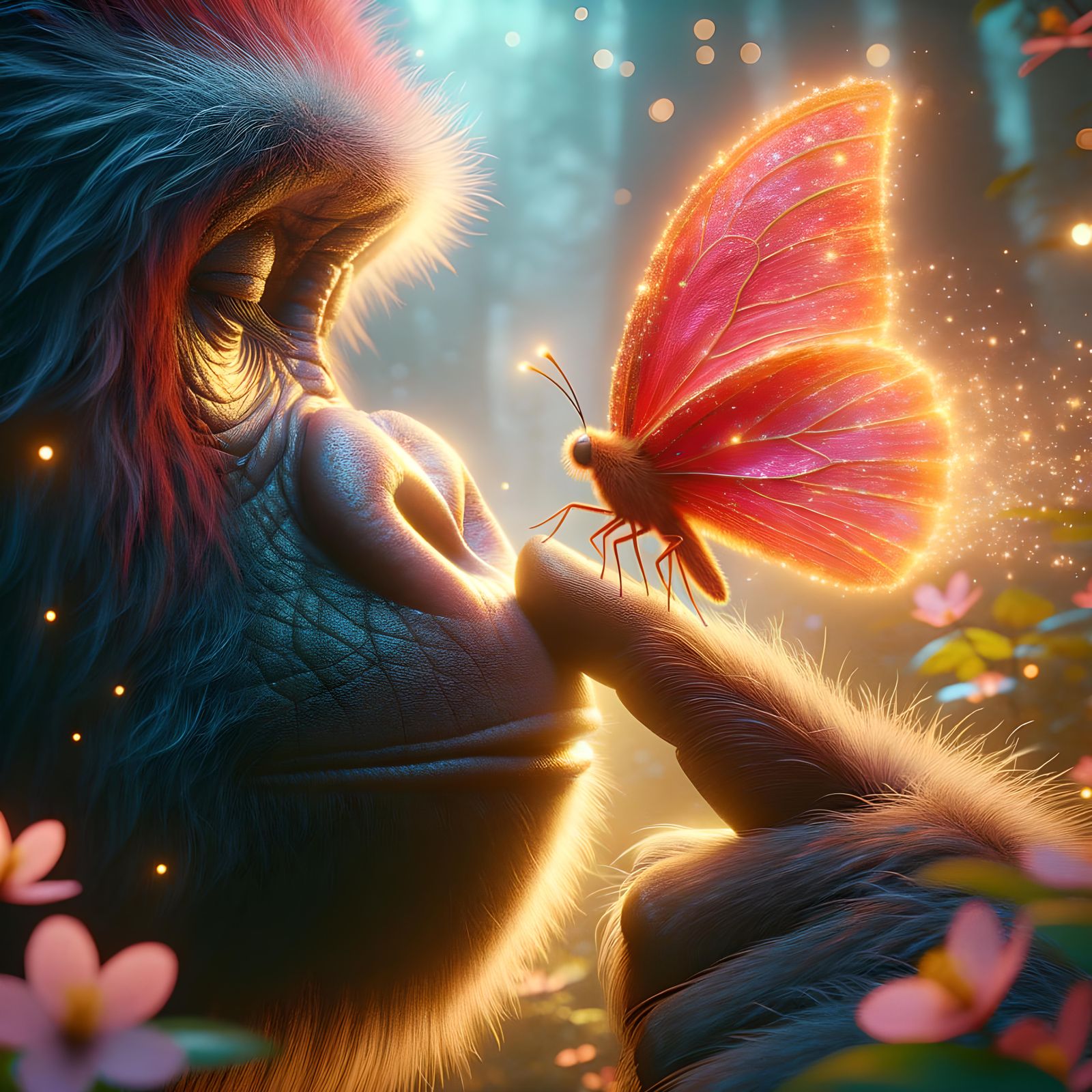 Fire Butterfly Boops Gorilla in Enchanted Forest