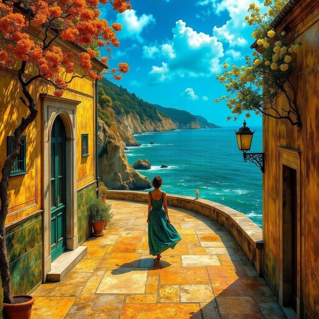 Mediterranean Town: Impasto Painting with Serpentine Pathway