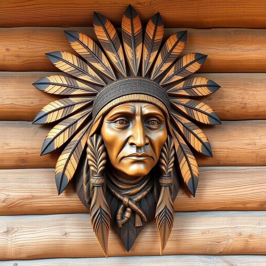 Detailed 3D Wood Carving of Native American Woman