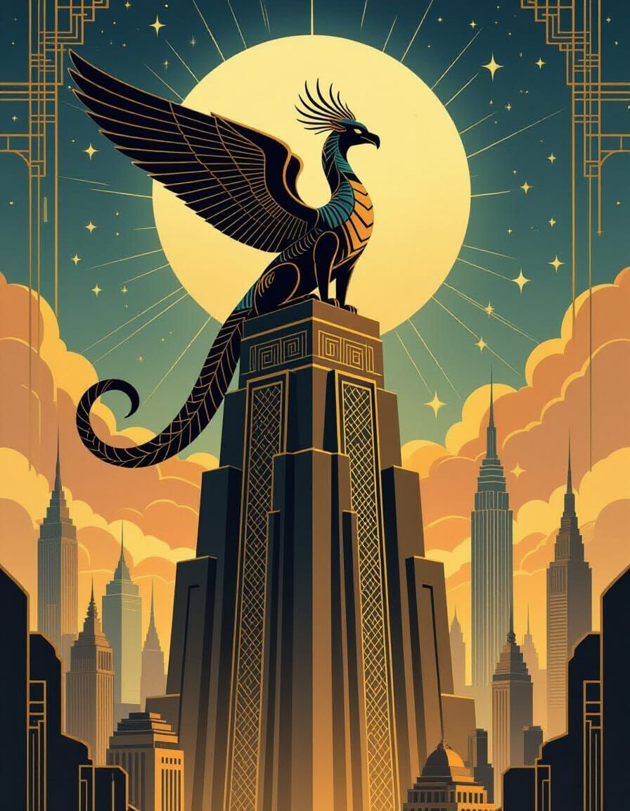 Art Deco Creature on Ziggurat in Cosmic City