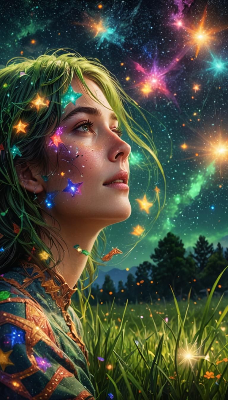 Woman Gazing at Colorful Stars, Detailed Matte Painting
