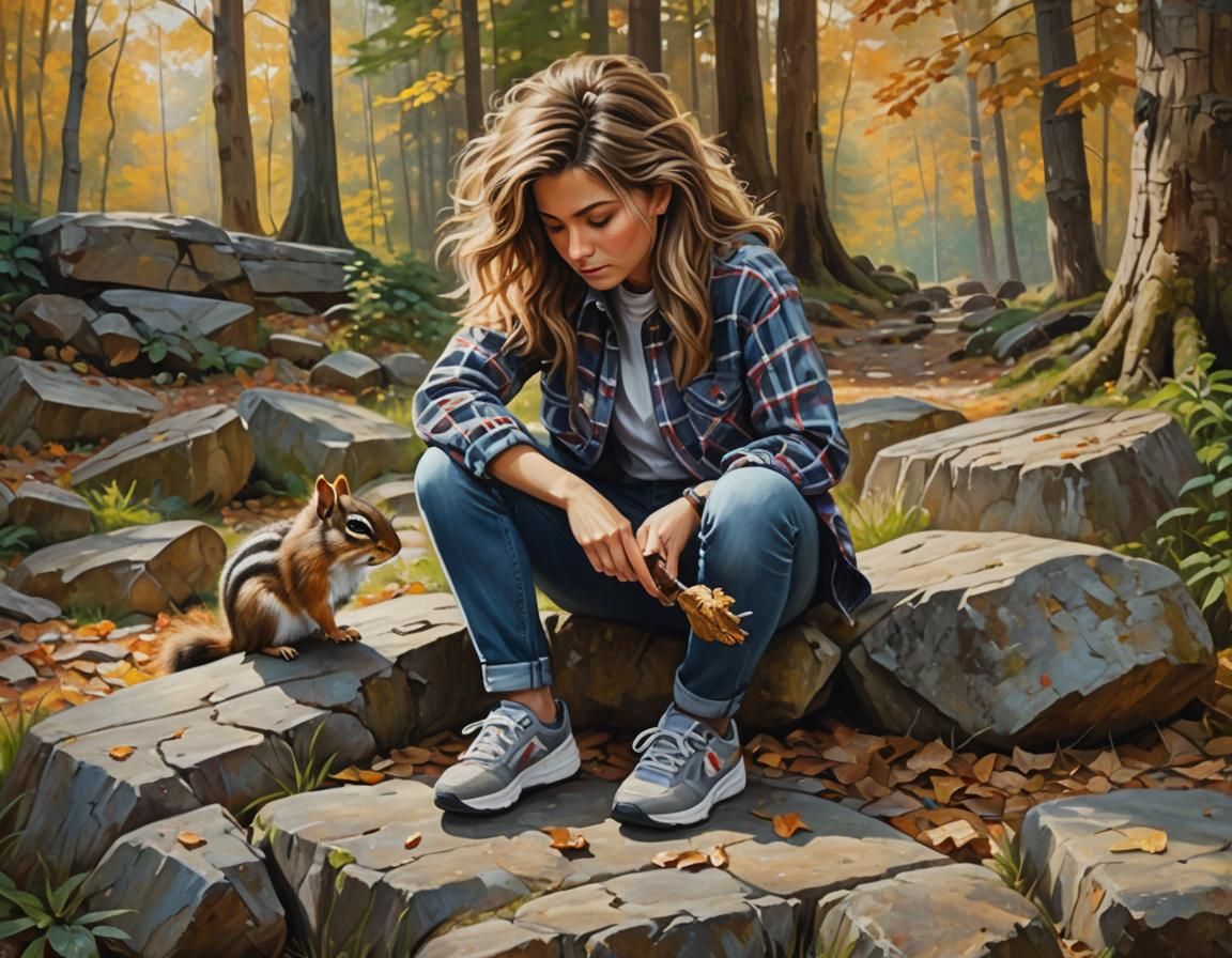 Woman Chatting with Chipmunk: Hyperrealistic Oil Painting