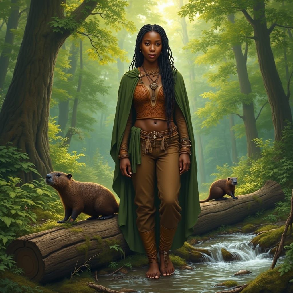 African American Woman in Forest with Beavers and Brook
