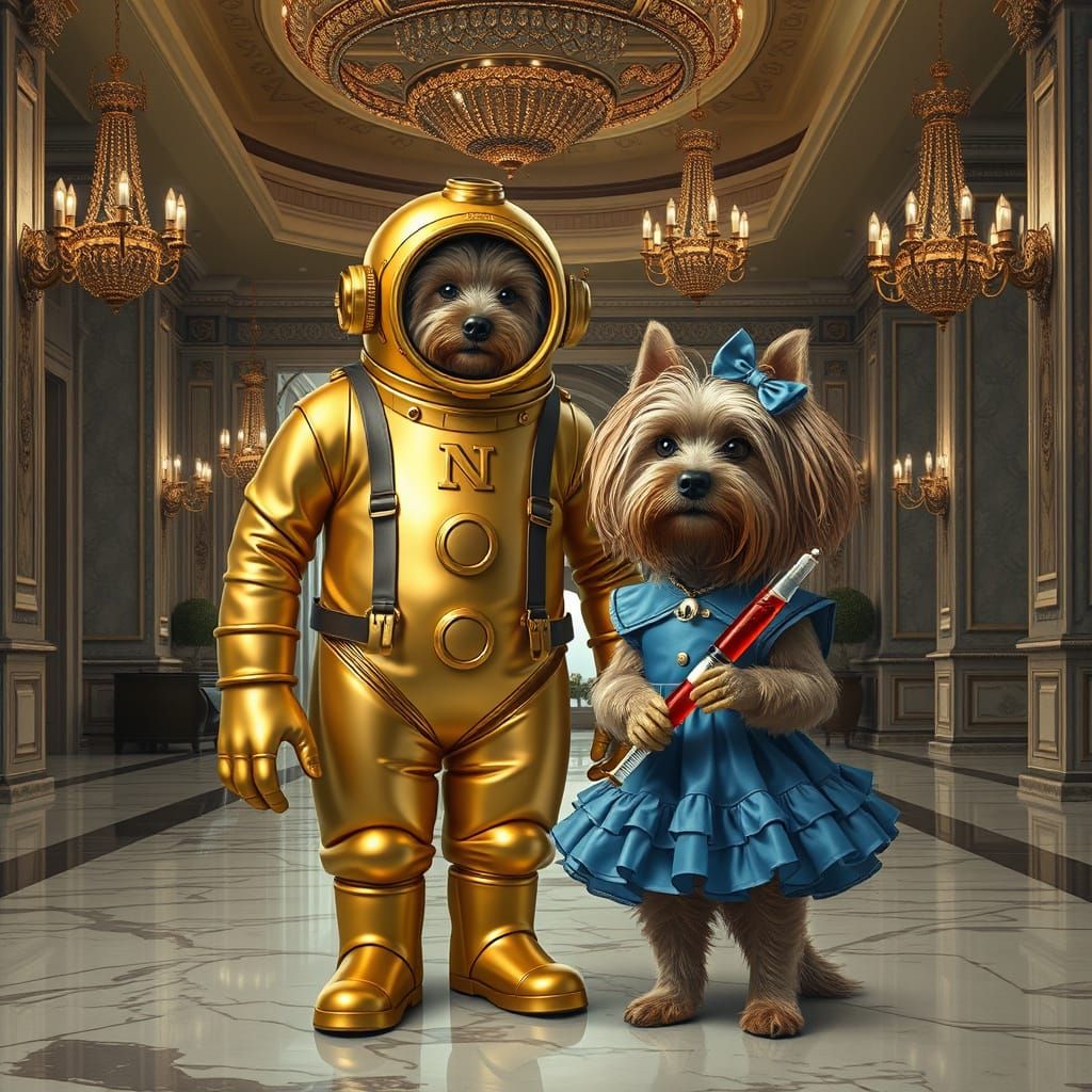 Yorkshire Terriers in Vintage Hotel Foyer