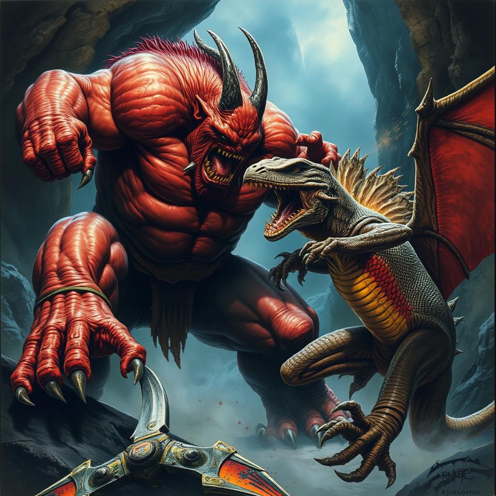 Ogre Demon vs Lizard Beast in Dark Fantasy Style