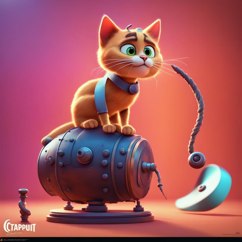 Catapult Cat in Pixar Style 3D Digital Art
