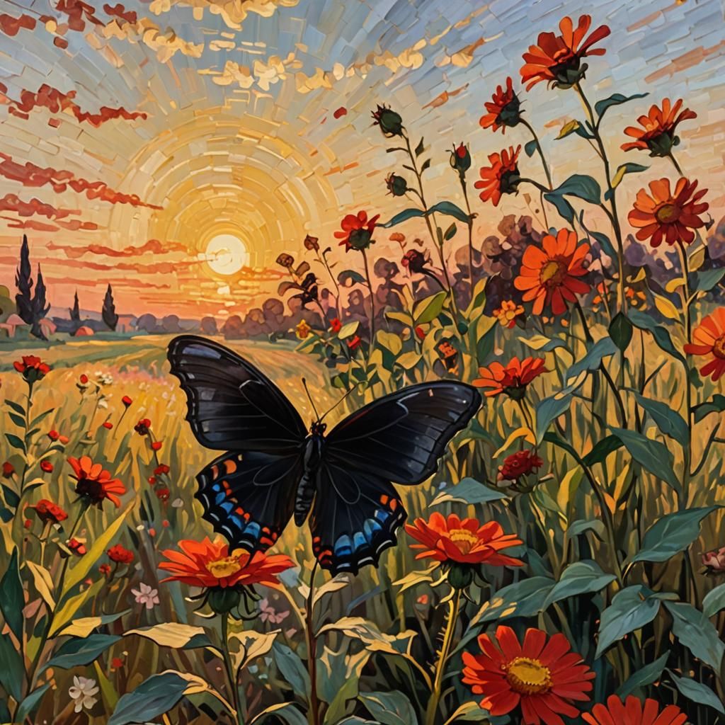 Butterfly Silhouette Against Red Sun: Impressionist Landscap...