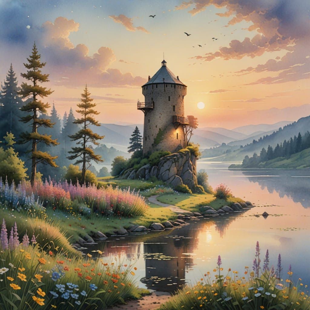 Medieval Watchtower Overlooking Lake: Watercolor Painting