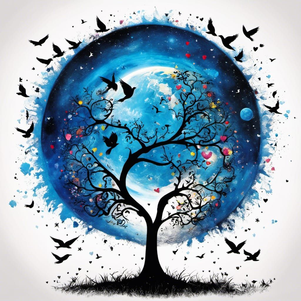 Tree of Life Earth in Cosmos, Art Brut Style