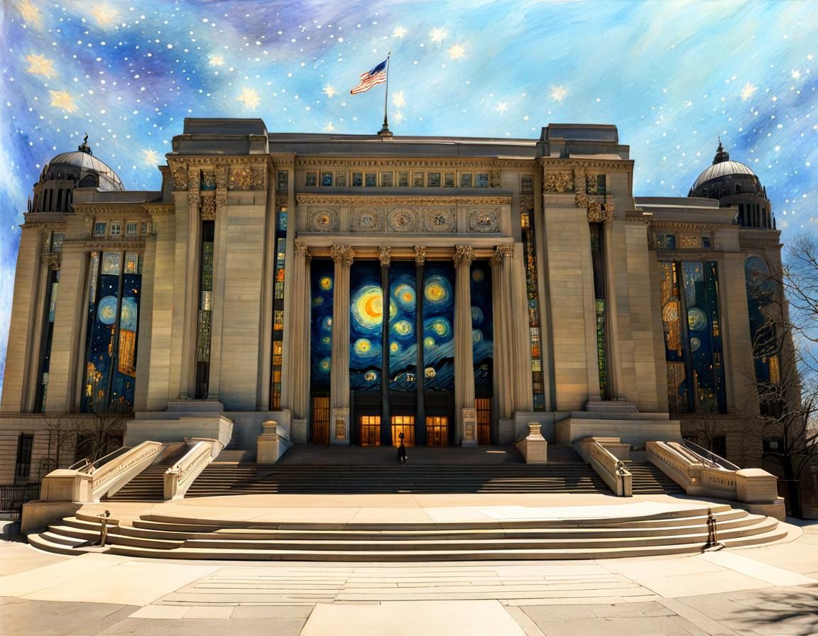 Brooklyn Library under Van Gogh Sky, Impressionistic Waterco...