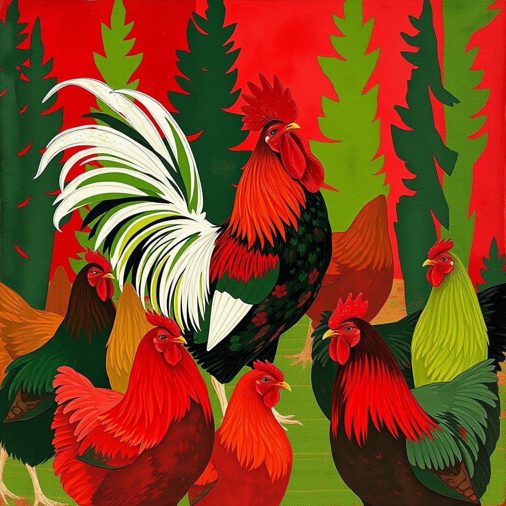 Vibrant Rooster Surrounded by Hens in a Kaleidoscope of Red ...