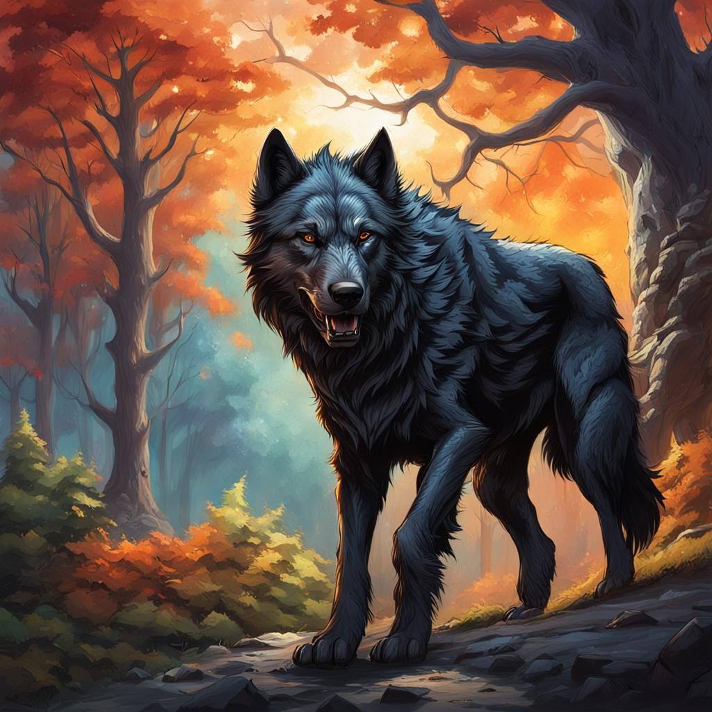 Hyperrealistic Black Dire Wolf Splash Art