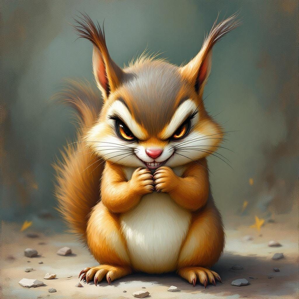 Mischievous Chibi Squirrel Rubbing Paws, Oil Painting