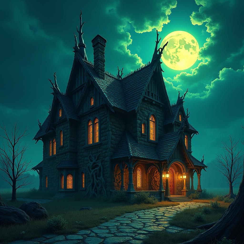 Eerie House Under Indigo Sky, Fantasy Concept Art