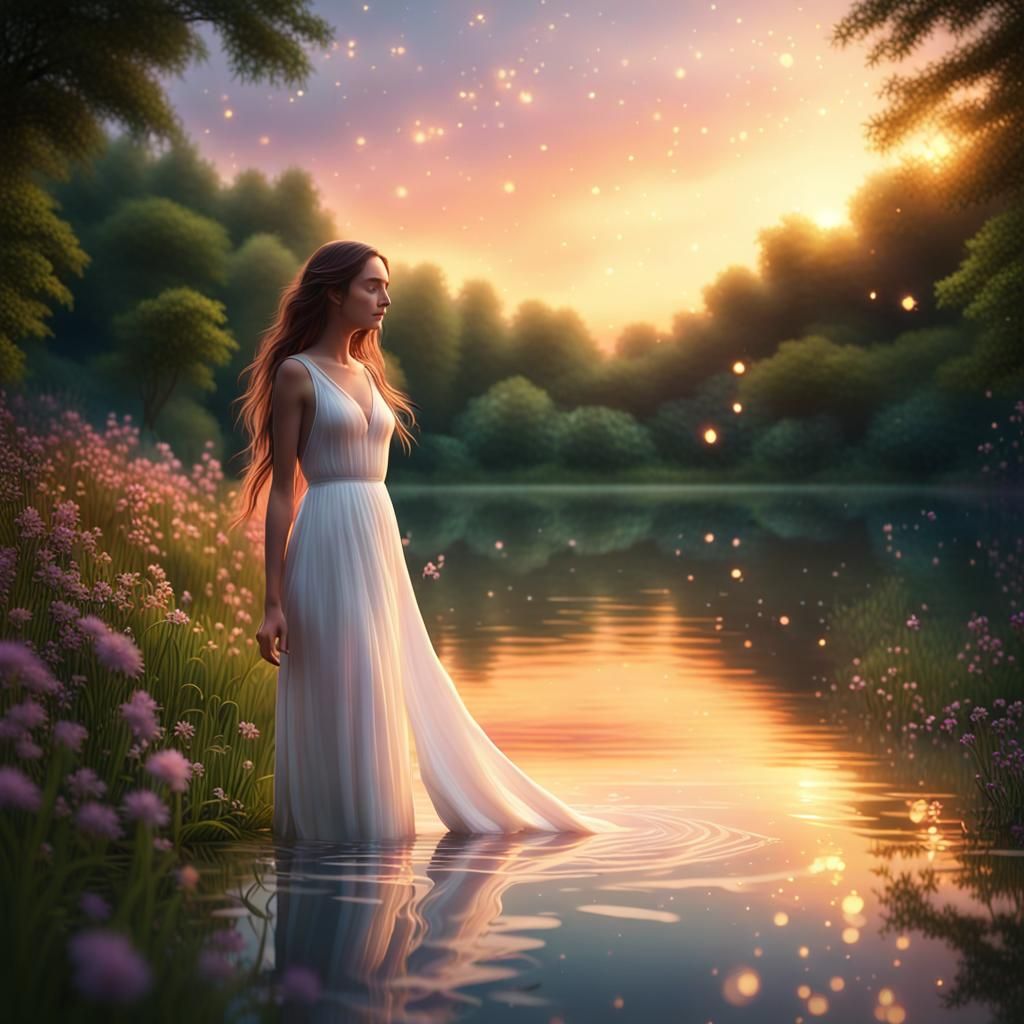 Woman in White Dress at Lake in Hyper-Realistic Digital Art