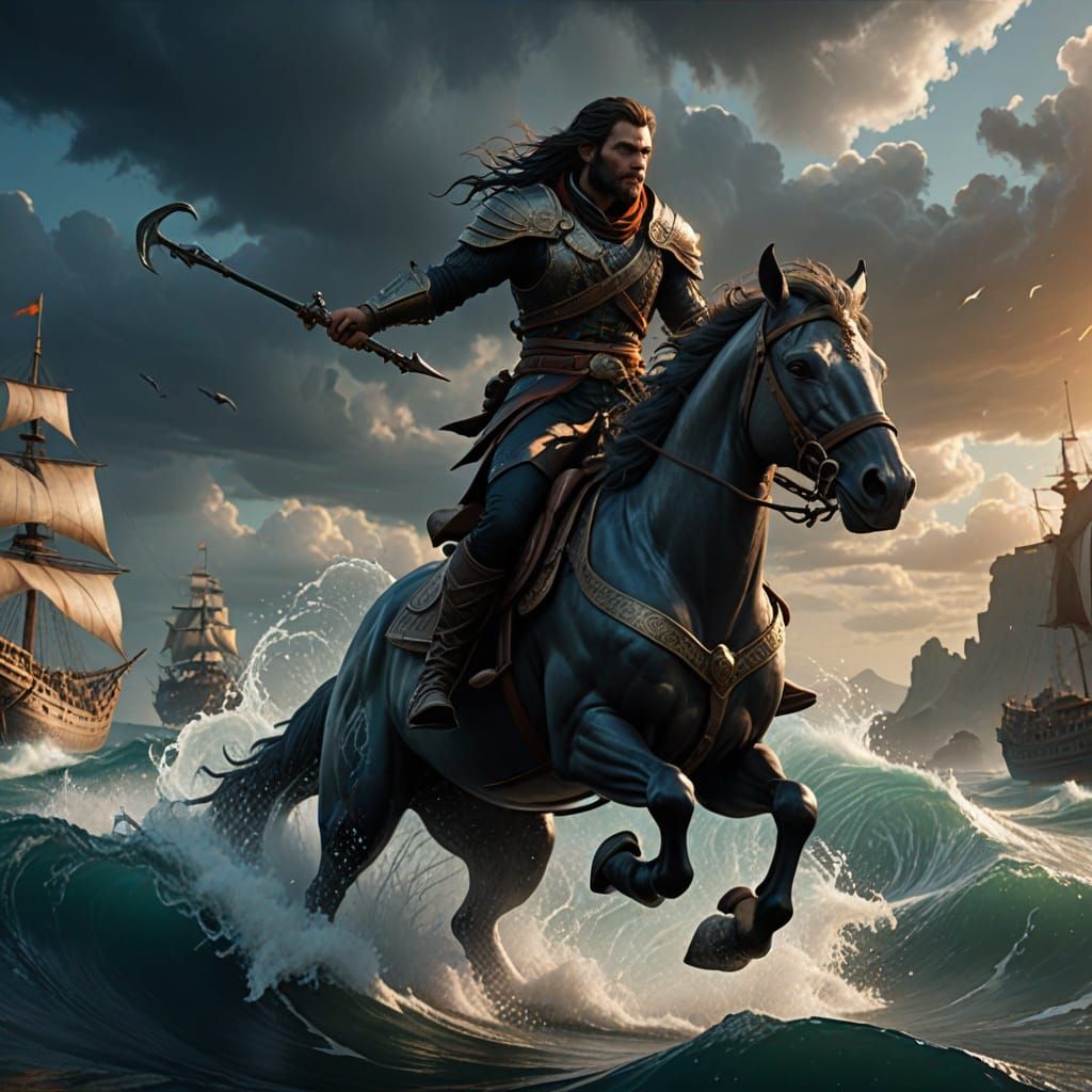 Epic Fantasy Scene: Man on Dolphin's Back in Turbulent Sea