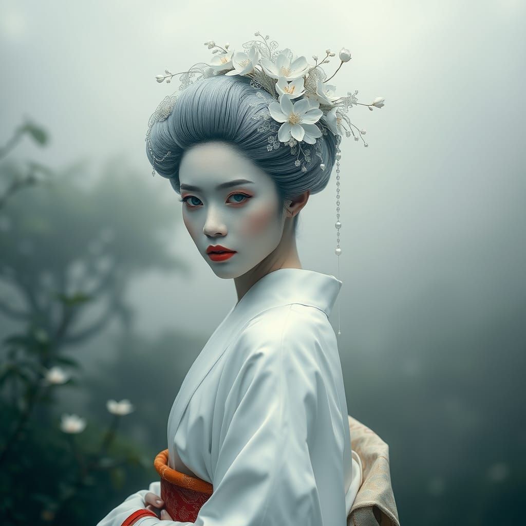 Geisha in White Kimono, Dark Fantasy Style