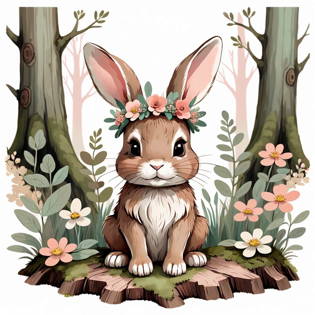 Enchanting Storybook Bunny Sits in Forest Clearing