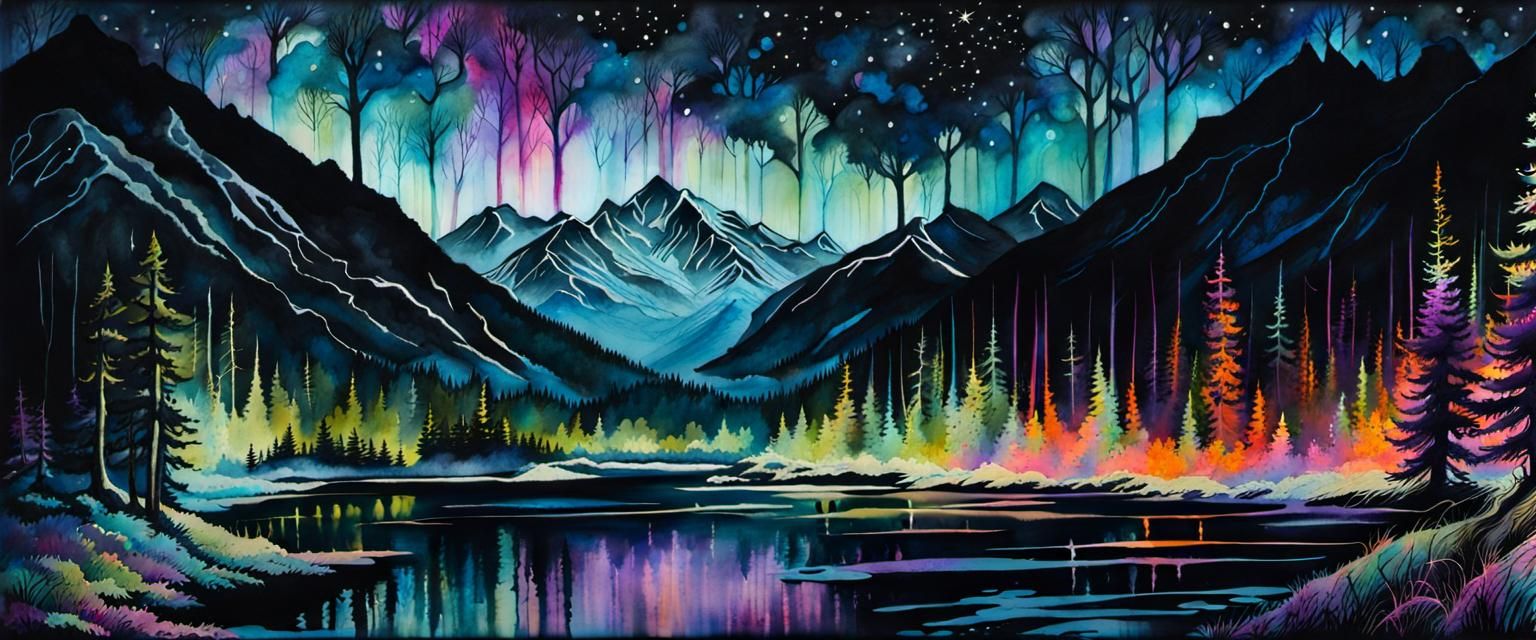 Whispering Woods: Nocturnal Alpine Forest Etching