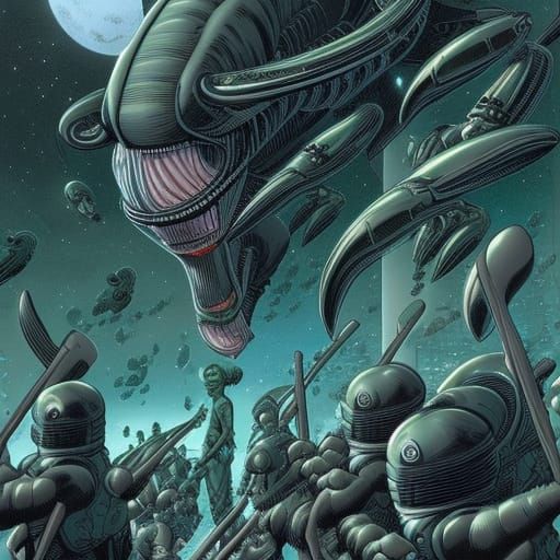 Alien Invasion Swarm in Comic Book Art Style
