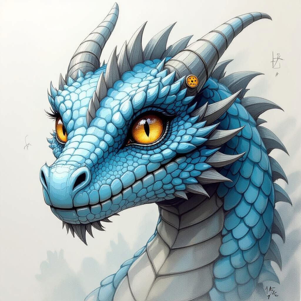 Mystical Light Blue Dragon Sketch with Button Eyes