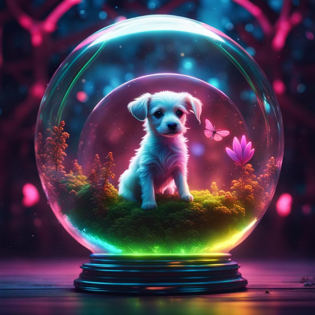 Neon Forest Puppy in Glass Ball: Fantasy Art