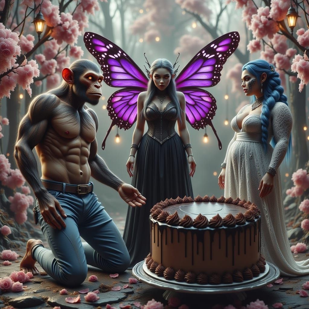 Fantasy Scene: Monkey Man Offers Cake to Zombie Fairy and El...