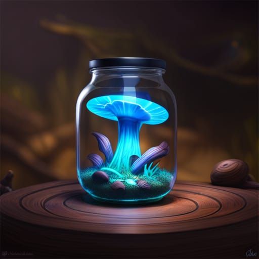 Bioluminescent Mushrooms in Jar, Dark Fantasy Game Art
