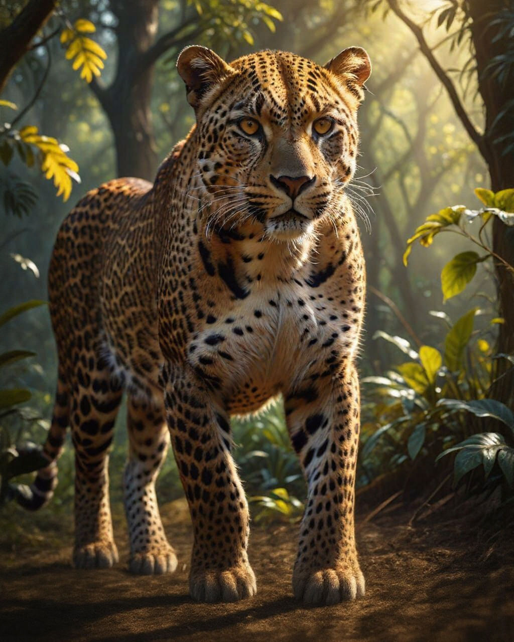 Majestic Leopard in Dappled Jungle Sunlight