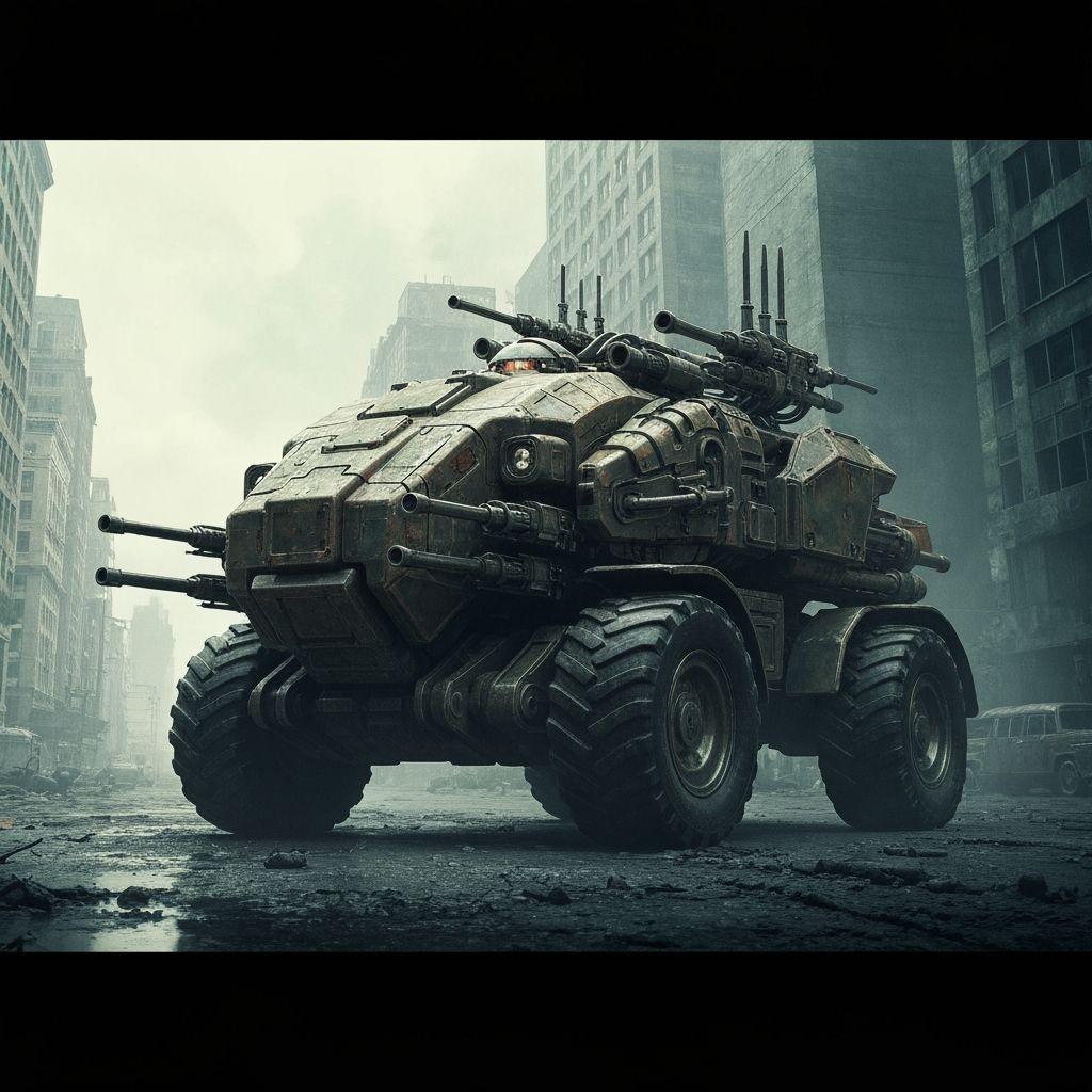 Armored Mechanical Brachiosaurus in Warzone Setting