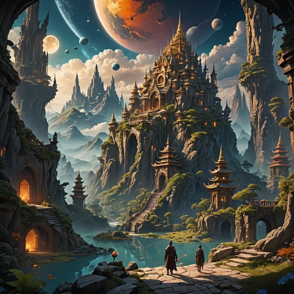 Celestial Travelers' Quest: A Detailed Matte Painting