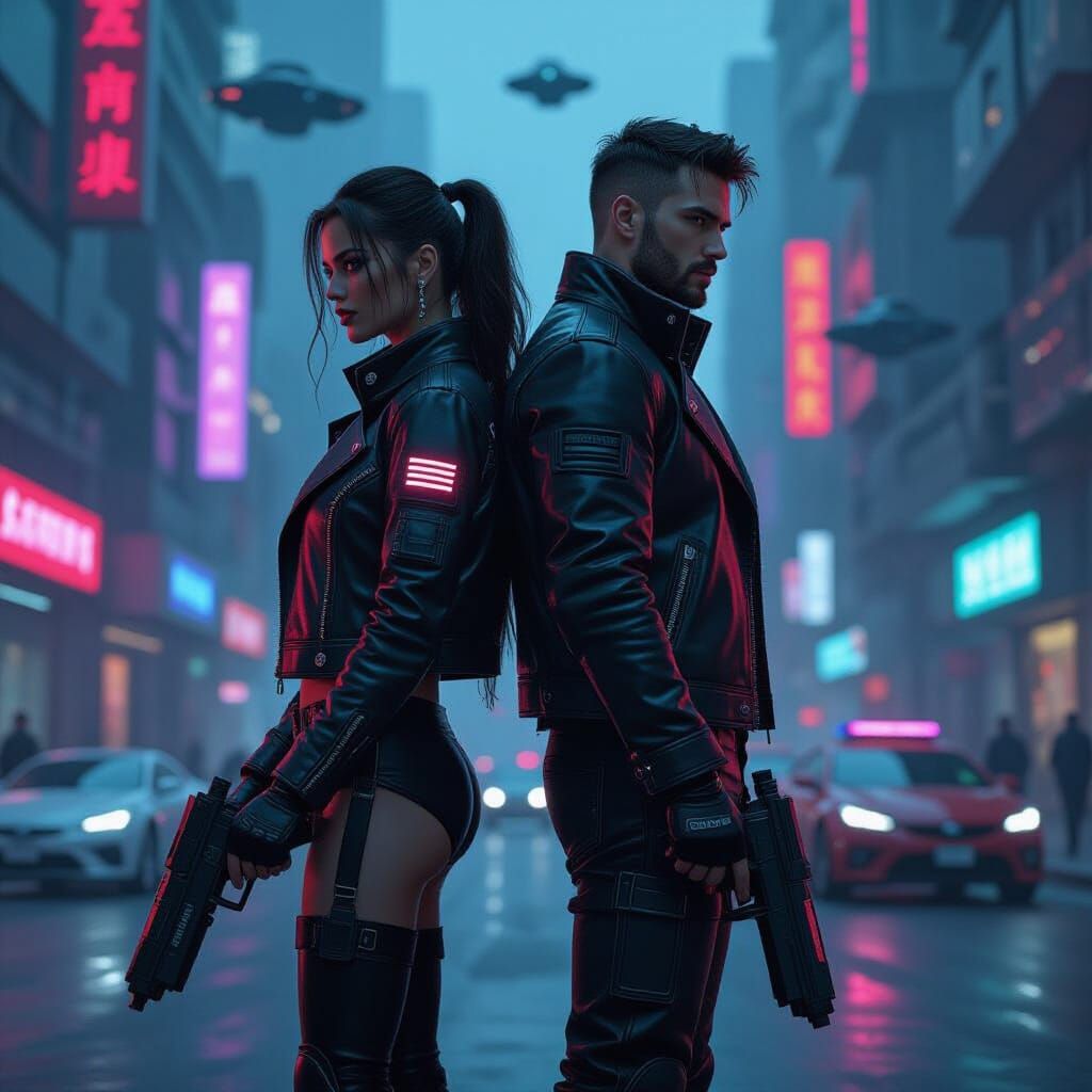 Cyberpunk Couple in Futuristic City with Flying Cars