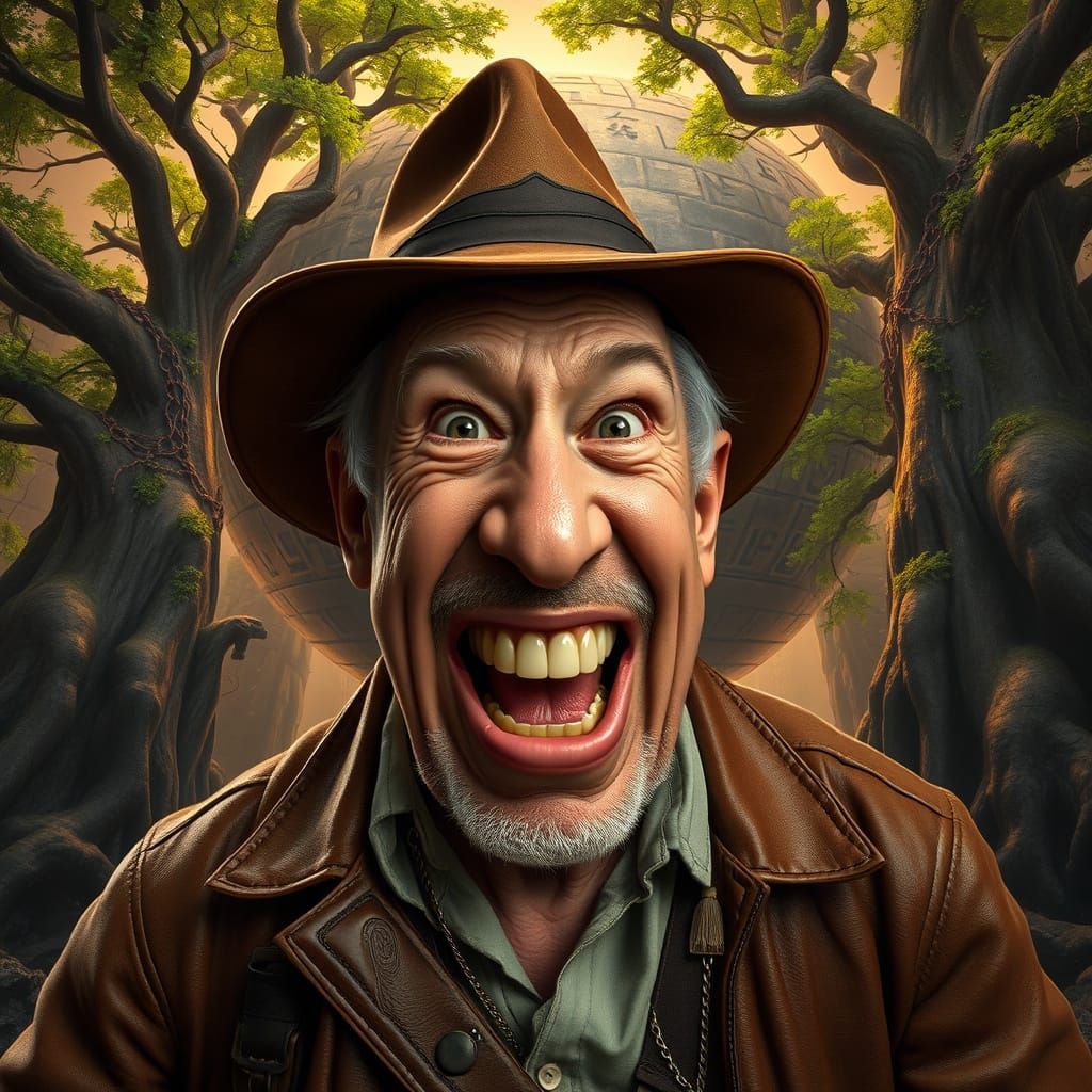 Indiana Jones-Style Adventurer Smirks at Ancient Stone Spher...
