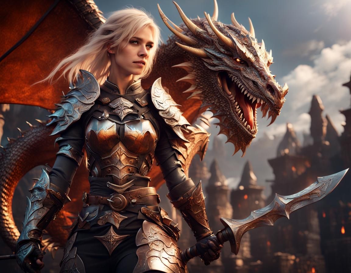 Blonde Warriors Attack Dragon in Detailed Fantasy Art